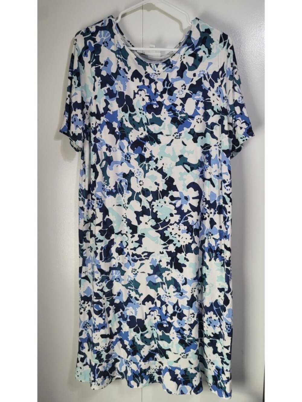 J Jill Women's LG Dress Floral Ruffle Short Sleeve Stretch Blue White Pockets - Picture 1 of 7
